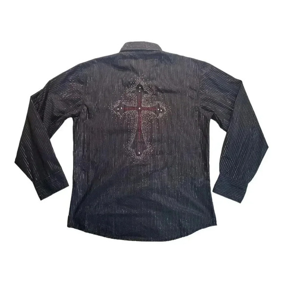 For Him London Men's Black Pinstripe Rhinestone Cross Button Up Shirt L - Picture 2 of 16